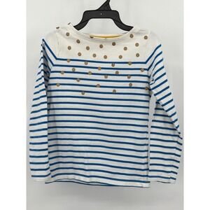 Boden Kids Blue White Striped Gold Polka Dot Long Sleeve Cotton Tee Shirt 7-8Y